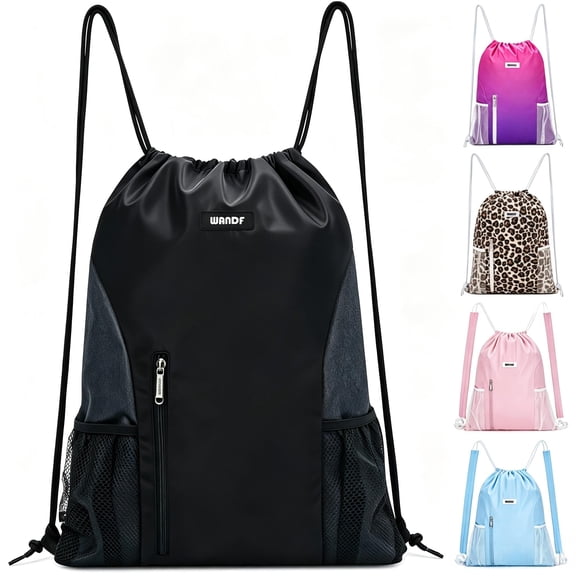 Sports Drawstring Backpack with Mesh Pockets, Waterproof Gym Bag String Backpack for Men Women, Large Capacity Athletic Sackpack for Travel, Swimming, Cycling(Black)