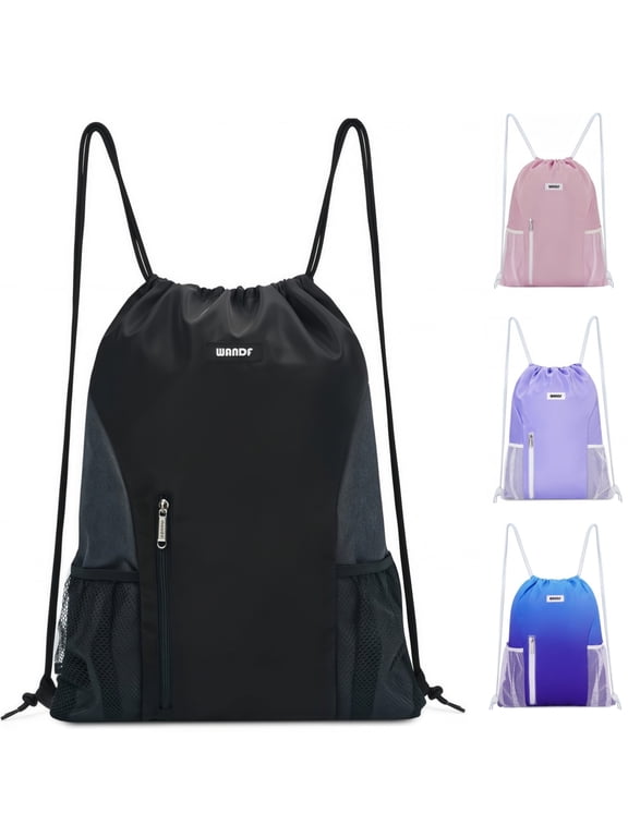 Sports Drawstring Backpack with Mesh Pockets, Waterproof Gym Bag String Backpack for Men Women, Large Capacity Athletic Sackpack for Travel, Swimming, Cycling(Black)