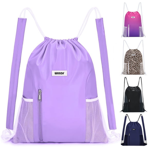 Sports Drawstring Backpack with Mesh Pockets, Waterproof Gym Bag String Backpack for Men Women, Large Capacity Athletic Sackpack for Travel, Swimming, Cycling(Purple)