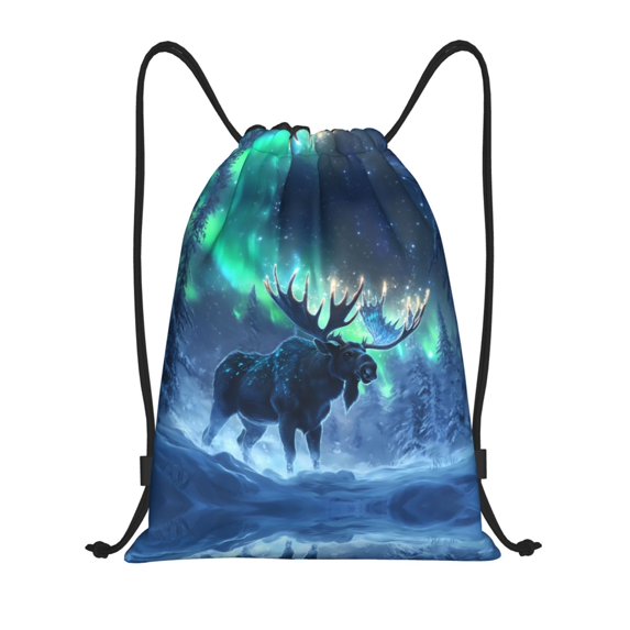 Drawstring Backpack Sports Gym Bag for Women Men, Aurora Mystical Winter Moose A Water Resistant Drawstring Bags for Sports, Gym, Travel, Swimming, Beach