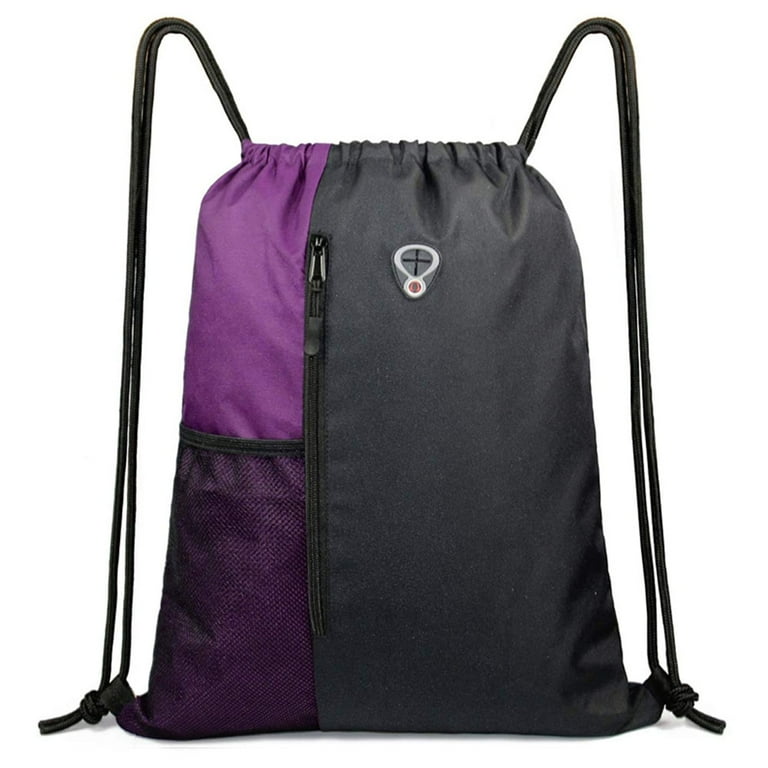 Drawstring Backpack Sports Gym Bag for Women Men Children Large Size with Zipper and Water Bottle Mesh Pockets Purple G12221