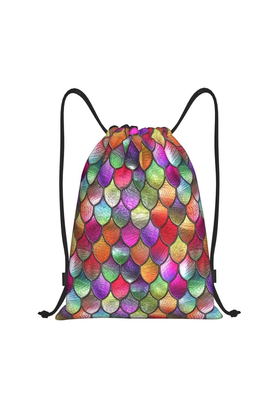 Drawstring Backpack - Stained glass Rainbow fish scales Splash Proof Small Drawstring Gym Bag for Women Men, Cinch Sports String Bag Backpack for Travel Swimming Beach