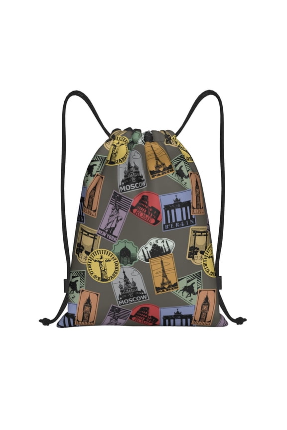 Drawstring Backpack - Stamp worlds Pattern Splash Proof Small Drawstring Gym Bag for Women Men, Cinch Sports String Bag Backpack for Travel Swimming Beach
