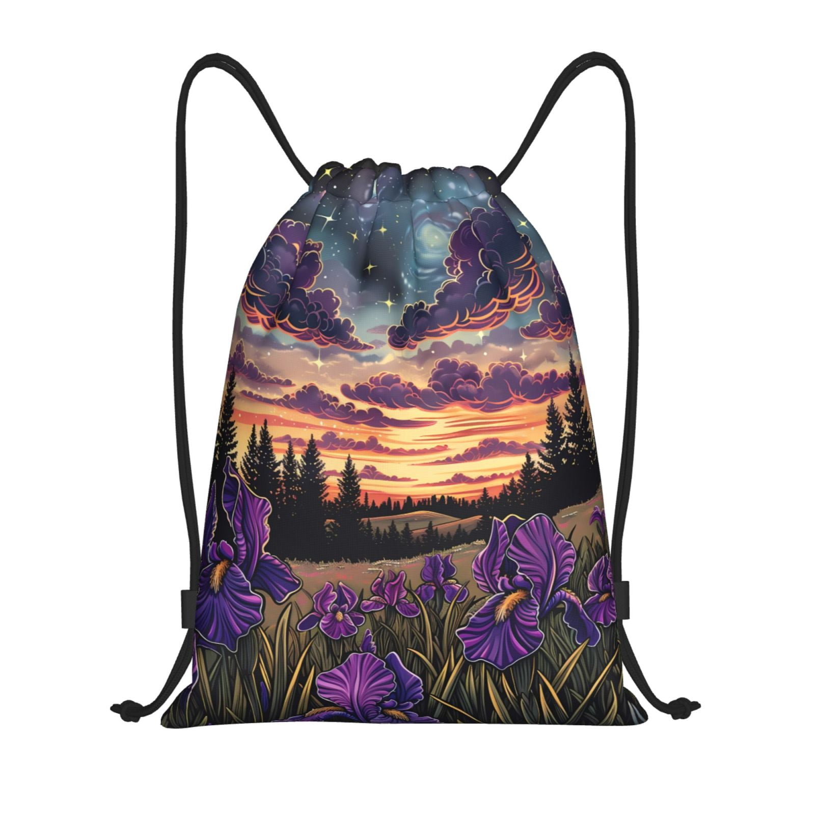 Purple String Backpack Drawstring Backpack - Starry Night Purple Irises Splash Proof Small ...
