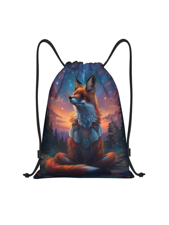 Drawstring Backpack - Starry Sky Meditating Fox Splash Proof Small Drawstring Gym Bag for Women Men, Cinch Sports String Bag Backpack for Travel Swimming Beach