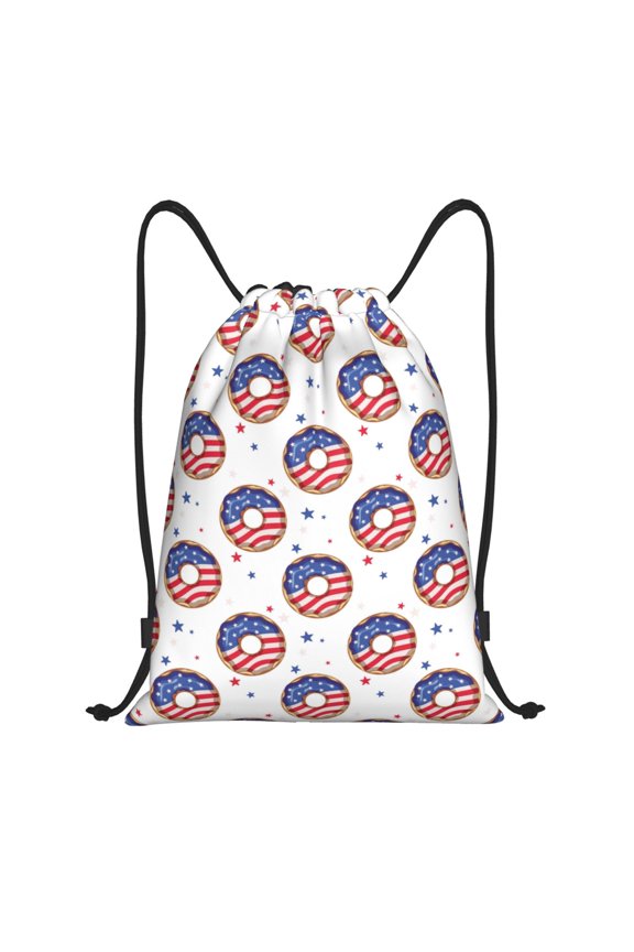 Drawstring Backpack - Stars and Stripes Donuts Splash Proof Small Drawstring Gym Bag for Women Men, Cinch Sports String Bag Backpack for Travel Swimming Beach