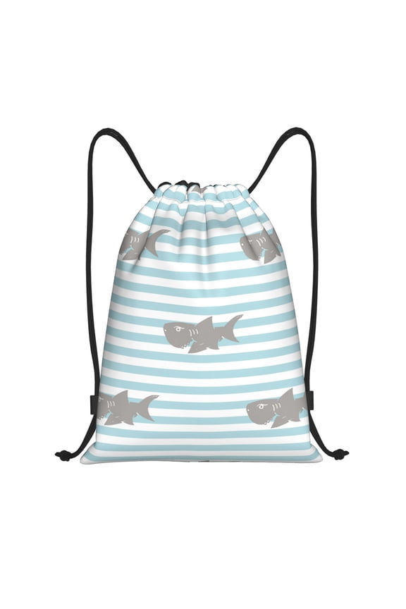 Drawstring Backpack - Striped Cartoon Cute Shark Splash Proof Small Drawstring Gym Bag for Women Men, Cinch Sports String Bag Backpack for Travel Swimming Beach
