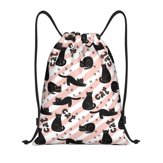 Drawstring Backpack - Striped Style Cartoon Cat Black Splash Proof Small Drawstring Gym Bag for Women Men, Cinch Sports String Bag Backpack for Travel Swimming Beach