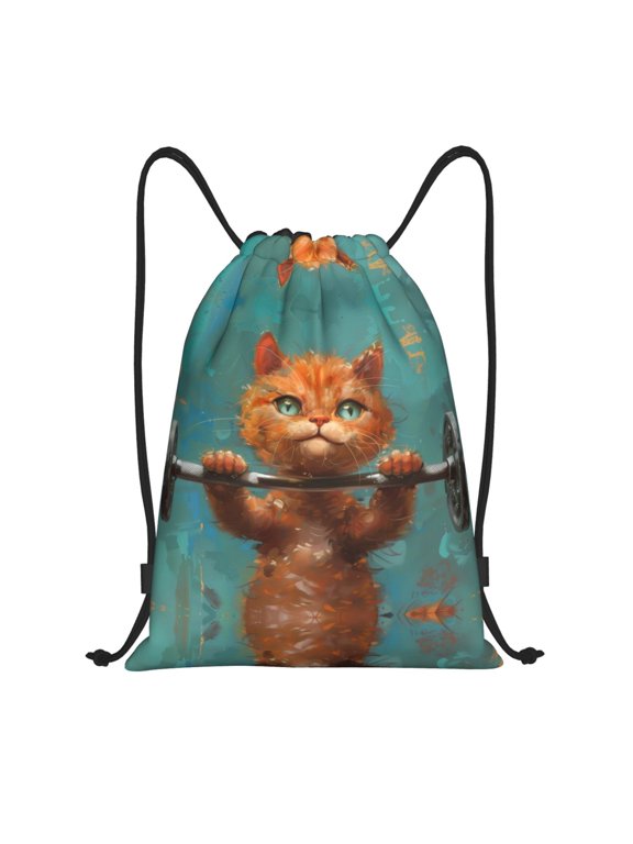 Drawstring Backpack - Strong Kitten Lifting Weights Splash Proof Small Drawstring Gym Bag for Women Men, Cinch Sports String Bag Backpack for Travel Swimming Beach