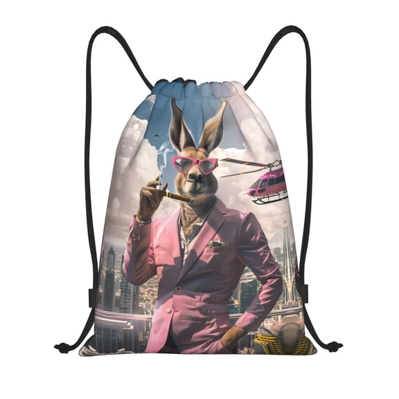 Drawstring Backpack - Stylish Kangaroo In Suit Splash Proof Small Drawstring Gym Bag for Women Men, Cinch Sports String Bag Backpack for Travel Swimming Beach