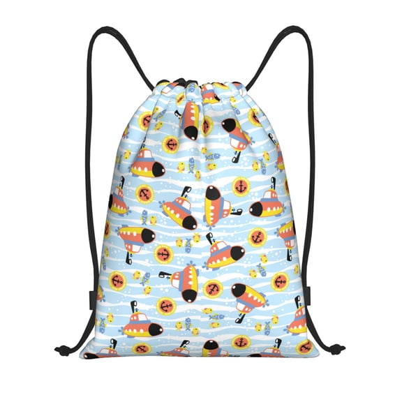 Drawstring Backpack - Submarine With Fishes Undersea Splash Proof Small Drawstring Gym Bag for Women Men, Cinch Sports String Bag Backpack for Travel Swimming Beach