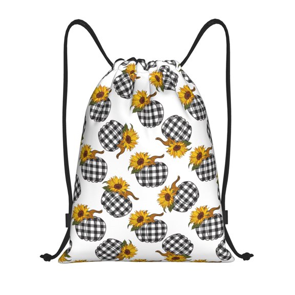 Drawstring Backpack - Sunflowers pumpkins plaid checkered Splash Proof Small Drawstring Gym Bag for Women Men, Cinch Sports String Bag Backpack for Travel Swimming Beach