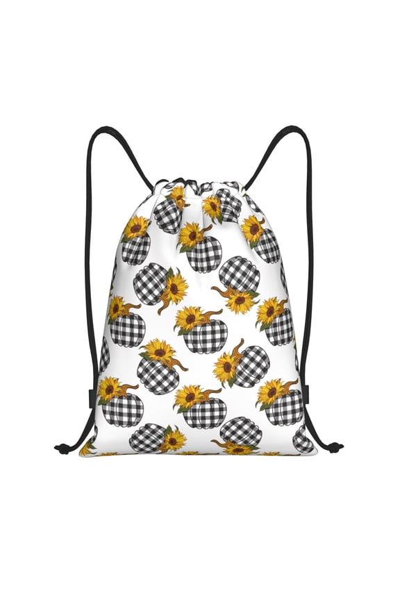 Drawstring Backpack - Sunflowers pumpkins plaid checkered Splash Proof Small Drawstring Gym Bag for Women Men, Cinch Sports String Bag Backpack for Travel Swimming Beach