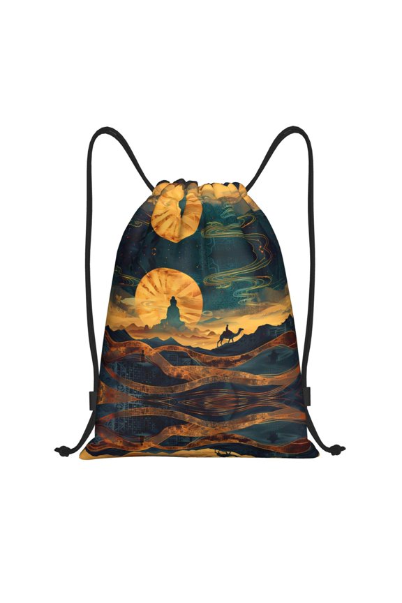 Drawstring Backpack - Sunset Desert Journey Splash Proof Small Drawstring Gym Bag for Women Men, Cinch Sports String Bag Backpack for Travel Swimming Beach