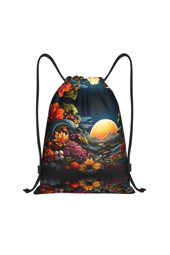 Drawstring Backpack - Sunset Floral Fantasy Landscape Splash Proof Small Drawstring Gym Bag for Women Men, Cinch Sports String Bag Backpack for Travel Swimming Beach