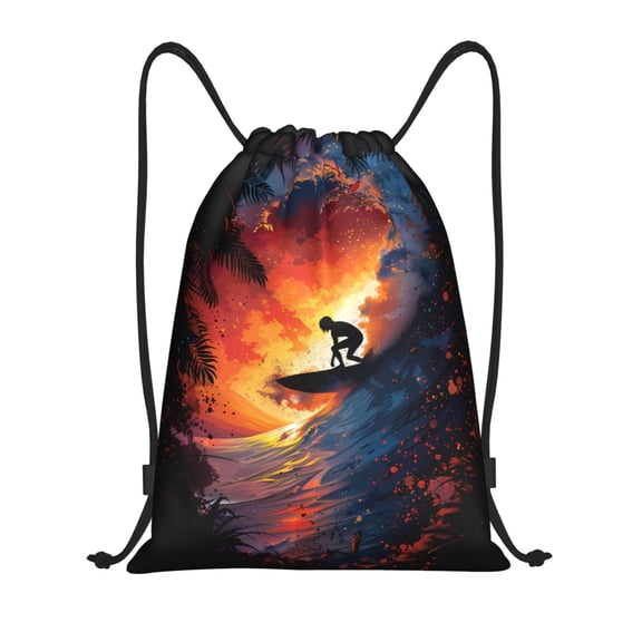 Drawstring Backpack - Sunset Surfing Silhouette Splash Proof Small Drawstring Gym Bag for Women Men, Cinch Sports String Bag Backpack for Travel Swimming Beach