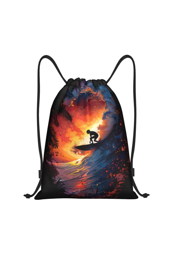 Drawstring Backpack - Sunset Surfing Silhouette Splash Proof Small Drawstring Gym Bag for Women Men, Cinch Sports String Bag Backpack for Travel Swimming Beach