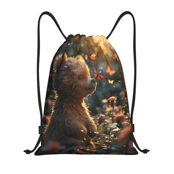 Drawstring Backpack - Sunshine Butterfly Flower Bear Splash Proof Small Drawstring Gym Bag for Women Men, Cinch Sports String Bag Backpack for Travel Swimming Beach