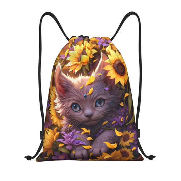 Drawstring Backpack - Sunshine Cute Cat Sunflower Splash Proof Small Drawstring Gym Bag for Women Men, Cinch Sports String Bag Backpack for Travel Swimming Beach