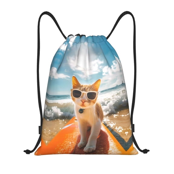 Drawstring Backpack - Surfing Cat Sun Splash Proof Small Drawstring Gym Bag for Women Men, Cinch Sports String Bag Backpack for Travel Swimming Beach