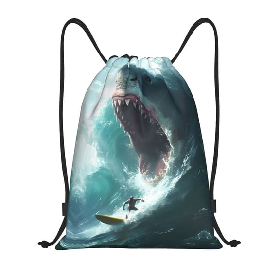 Drawstring Backpack - Surfing Shark Splash Proof Small Drawstring Gym Bag for Women Men, Cinch Sports String Bag Backpack for Travel Swimming Beach