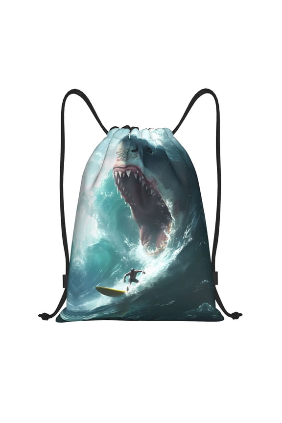 Drawstring Backpack - Surfing Shark Splash Proof Small Drawstring Gym Bag for Women Men, Cinch Sports String Bag Backpack for Travel Swimming Beach