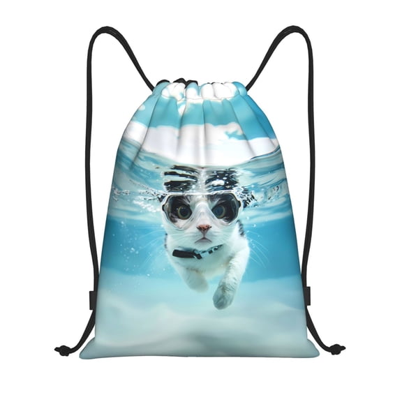 Drawstring Backpack - Swimming Cat Goggles Splash Proof Small Drawstring Gym Bag for Women Men, Cinch Sports String Bag Backpack for Travel Swimming Beach