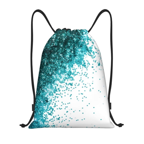 Drawstring Backpack - Teal Glitter on White Splash Proof Small Drawstring Gym Bag for Women Men, Cinch Sports String Bag Backpack for Travel Swimming Beach