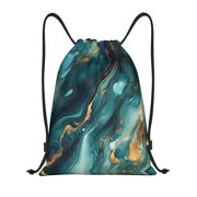 Drawstring Backpack - Teal Gold Marble Swirls Splash Proof Small Drawstring Gym Bag for Women Men, Cinch Sports String Bag Backpack for Travel Swimming Beach