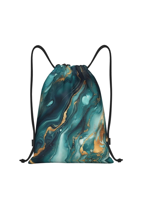 Drawstring Backpack - Teal Gold Marble Swirls Splash Proof Small Drawstring Gym Bag for Women Men, Cinch Sports String Bag Backpack for Travel Swimming Beach