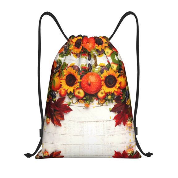Drawstring Backpack - Thanksgiving With Autumn Pumpkins Fall Leaves Splash Proof Small Drawstring Gym Bag for Women Men, Cinch Sports String Bag Backpack for Travel Swimming Beach