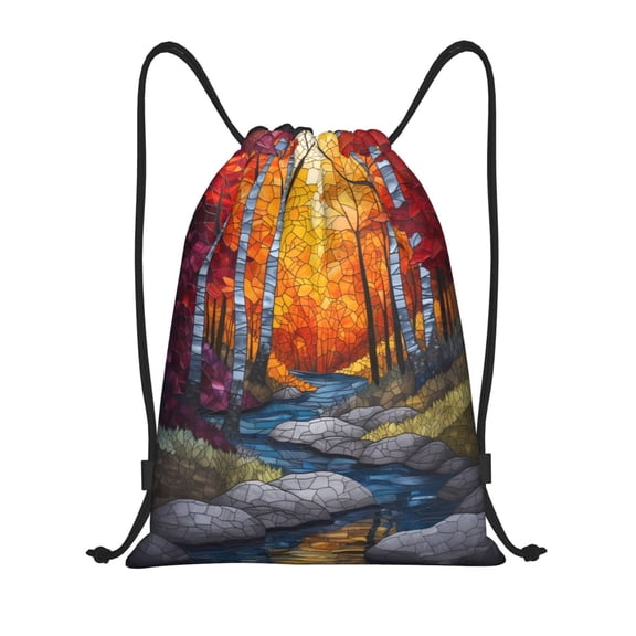 Drawstring Backpack - Tiffany Style Autumn Forest Splash Proof Small Drawstring Gym Bag for Women Men, Cinch Sports String Bag Backpack for Travel Swimming Beach