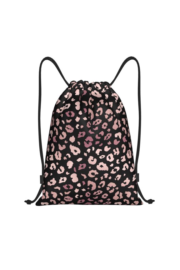 Drawstring Backpack - Trendy shiny rose gold leopard Splash Proof Small Drawstring Gym Bag for Women Men, Cinch Sports String Bag Backpack for Travel Swimming Beach