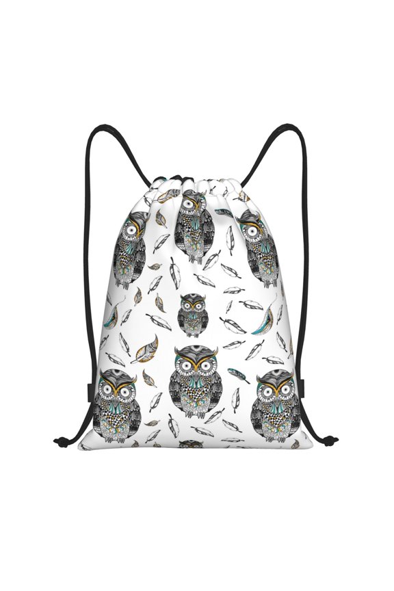 Drawstring Backpack - Tribal Owl Feathers Splash Proof Small Drawstring Gym Bag for Women Men, Cinch Sports String Bag Backpack for Travel Swimming Beach