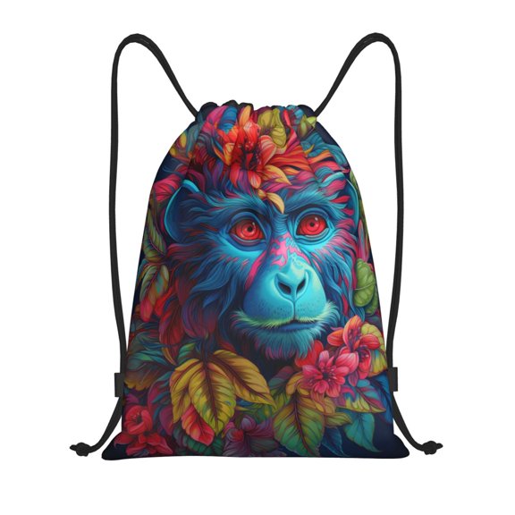 Drawstring Backpack - Tribal Style Flower Blue Monkey Splash Proof Small Drawstring Gym Bag for Women Men, Cinch Sports String Bag Backpack for Travel Swimming Beach