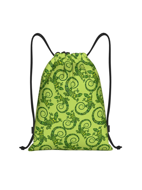 Drawstring Backpack - Tropical Cute Lizard Gecko Green Splash Proof Small Drawstring Gym Bag for Women Men, Cinch Sports String Bag Backpack for Travel Swimming Beach