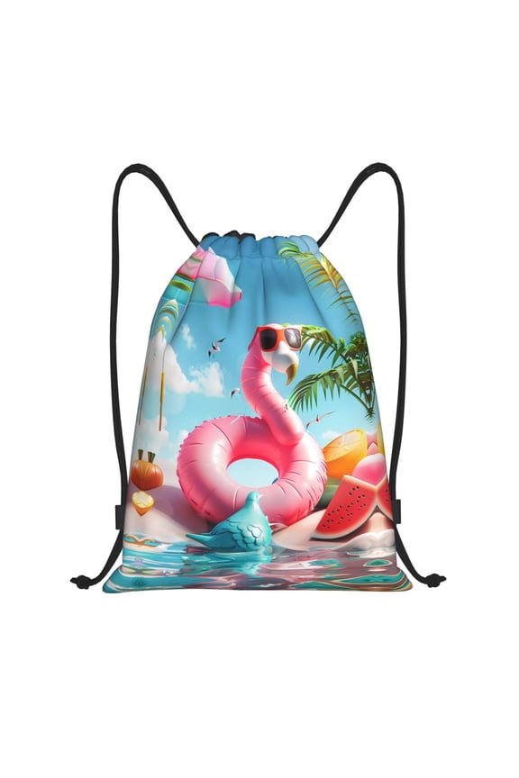 Drawstring Backpack - Tropical Flamingo Pool Float Splash Proof Small Drawstring Gym Bag for Women Men, Cinch Sports String Bag Backpack for Travel Swimming Beach