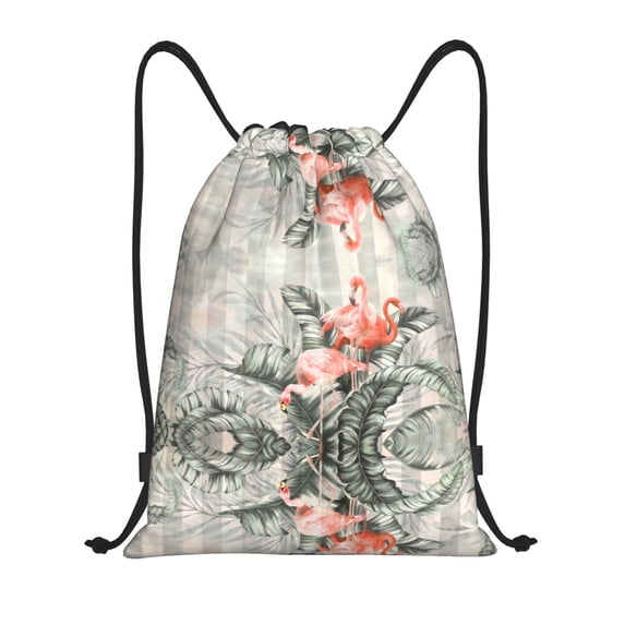 Drawstring Backpack - Tropical With Flamingos Splash Proof Small Drawstring Gym Bag for Women Men, Cinch Sports String Bag Backpack for Travel Swimming Beach