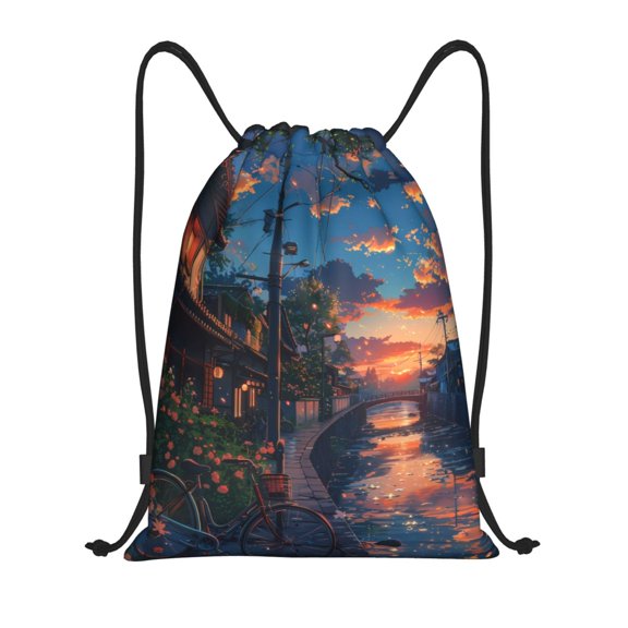 Drawstring Backpack - Twilight Canal Reflection Splash Proof Small Drawstring Gym Bag for Women Men, Cinch Sports String Bag Backpack for Travel Swimming Beach
