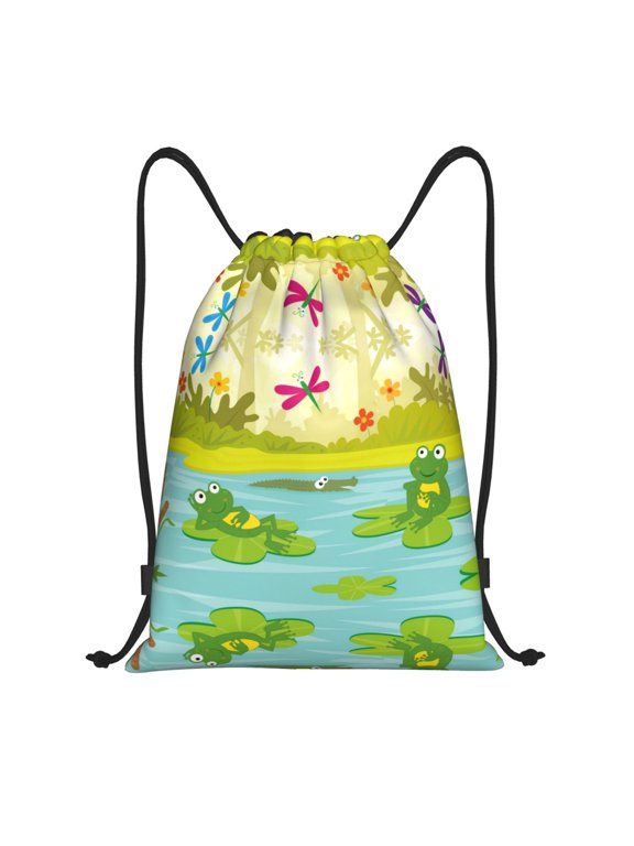 Drawstring Backpack - Two Frogs Are Sitting On Water Lilies Splash Proof Small Drawstring Gym Bag for Women Men, Cinch Sports String Bag Backpack for Travel Swimming Beach