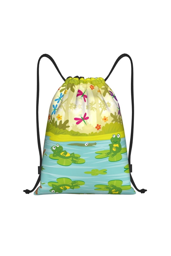 Drawstring Backpack - Two Frogs Are Sitting On Water Lilies Splash Proof Small Drawstring Gym Bag for Women Men, Cinch Sports String Bag Backpack for Travel Swimming Beach