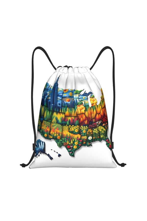 Drawstring Backpack - USA Map Floral States Splash Proof Small Drawstring Gym Bag for Women Men, Cinch Sports String Bag Backpack for Travel Swimming Beach