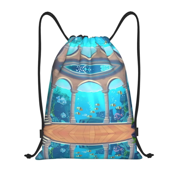 Drawstring Backpack - Underwater Aquarium Arches Splash Proof Small Drawstring Gym Bag for Women Men, Cinch Sports String Bag Backpack for Travel Swimming Beach