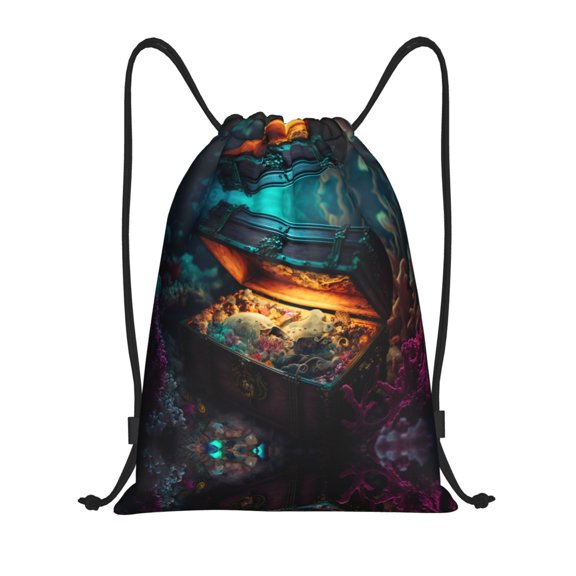 Drawstring Backpack - Underwater Treasure Chest Splash Proof Small Drawstring Gym Bag for Women Men, Cinch Sports String Bag Backpack for Travel Swimming Beach