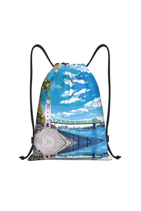 Drawstring Backpack - Urban Riverside Clock Tower Splash Proof Small Drawstring Gym Bag for Women Men, Cinch Sports String Bag Backpack for Travel Swimming Beach