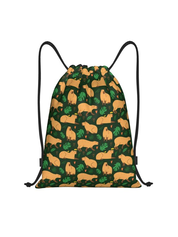 Drawstring Backpack - Vegetation Capybara Splash Proof Small Drawstring Gym Bag for Women Men, Cinch Sports String Bag Backpack for Travel Swimming Beach
