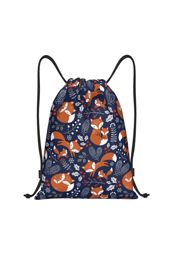 Drawstring Backpack - Vintage Blue Fox Family Splash Proof Small Drawstring Gym Bag for Women Men, Cinch Sports String Bag Backpack for Travel Swimming Beach