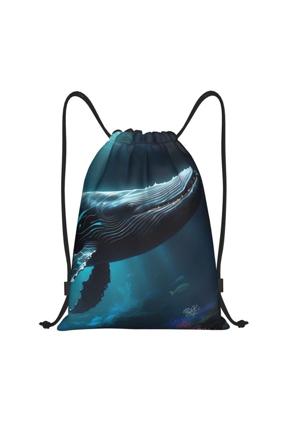 Drawstring Backpack - Vintage Blue Pattern Whale Splash Proof Small Drawstring Gym Bag for Women Men, Cinch Sports String Bag Backpack for Travel Swimming Beach