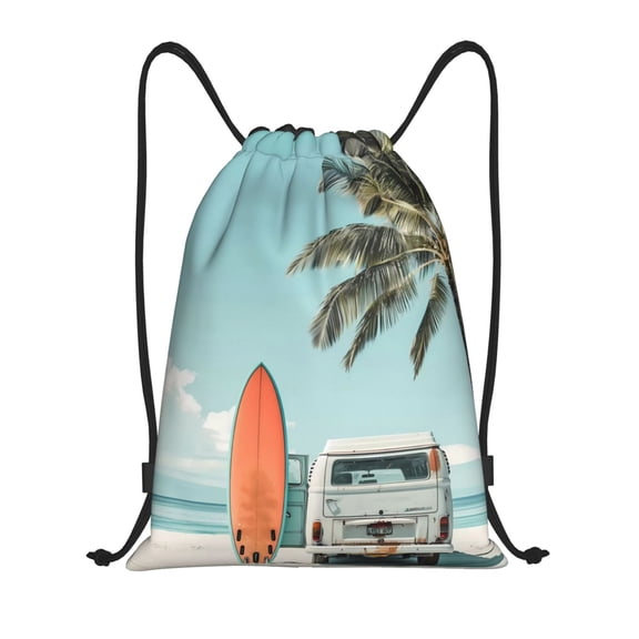Drawstring Backpack - Vintage Surf Van Beach Splash Proof Small Drawstring Gym Bag for Women Men, Cinch Sports String Bag Backpack for Travel Swimming Beach