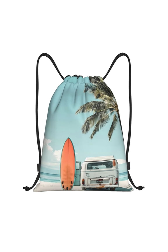 Drawstring Backpack - Vintage Surf Van Beach Splash Proof Small Drawstring Gym Bag for Women Men, Cinch Sports String Bag Backpack for Travel Swimming Beach